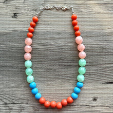 Load image into Gallery viewer, San Diego Chunky Statement Necklace, single strand bib beaded jewelry, aqua blue color block necklace, light green orange light blue jewelry