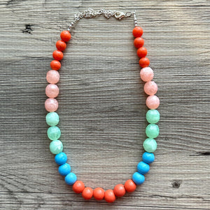 San Diego Chunky Statement Necklace, single strand bib beaded jewelry, aqua blue color block necklace, light green orange light blue jewelry