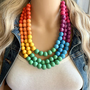 Rainbow Wood Bubble Statement, wooden jewelry, silver chain thick bib chunky necklace, 3 strand red orange yellow green blue purple pink