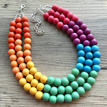 Load image into Gallery viewer, Rainbow Wood Bubble Statement, wooden jewelry, silver chain thick bib chunky necklace, 3 strand red orange yellow green blue purple pink