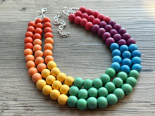 Load image into Gallery viewer, Rainbow Wood Bubble Statement, wooden jewelry, silver chain thick bib chunky necklace, 3 strand red orange yellow green blue purple pink