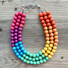 Load image into Gallery viewer, Rainbow Wood Bubble Statement, wooden jewelry, silver chain thick bib chunky necklace, 3 strand red orange yellow green blue purple pink