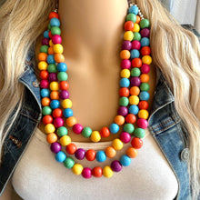 Load image into Gallery viewer, Rainbow Wood Bubble Statement, wooden jewelry, silver chain thick bib chunky necklace, 3 strand red orange yellow green blue purple pink