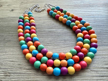 Load image into Gallery viewer, Rainbow Wood Bubble Statement, wooden jewelry, silver chain thick bib chunky necklace, 3 strand red orange yellow green blue purple pink