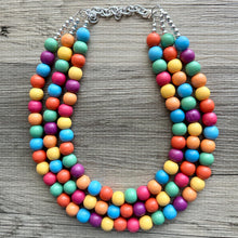 Load image into Gallery viewer, Rainbow Wood Bubble Statement, wooden jewelry, silver chain thick bib chunky necklace, 3 strand red orange yellow green blue purple pink