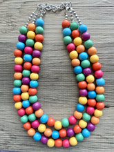 Load image into Gallery viewer, Rainbow Wood Bubble Statement, wooden jewelry, silver chain thick bib chunky necklace, 3 strand red orange yellow green blue purple pink