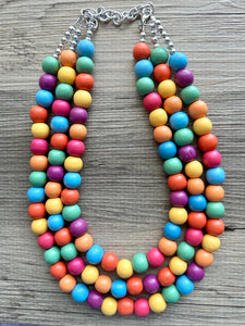 Rainbow Wood Bubble Statement, wooden jewelry, silver chain thick bib chunky necklace, 3 strand red orange yellow green blue purple pink