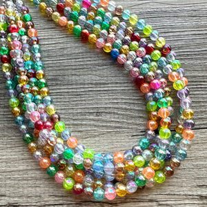 Inside the Bubble Rainbow Necklace, bib statement necklace, beaded geometric shower necklace, 5 strand orange blue green colorful