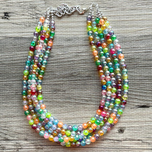 Inside the Bubble Rainbow Necklace, bib statement necklace, beaded geometric shower necklace, 5 strand orange blue green colorful