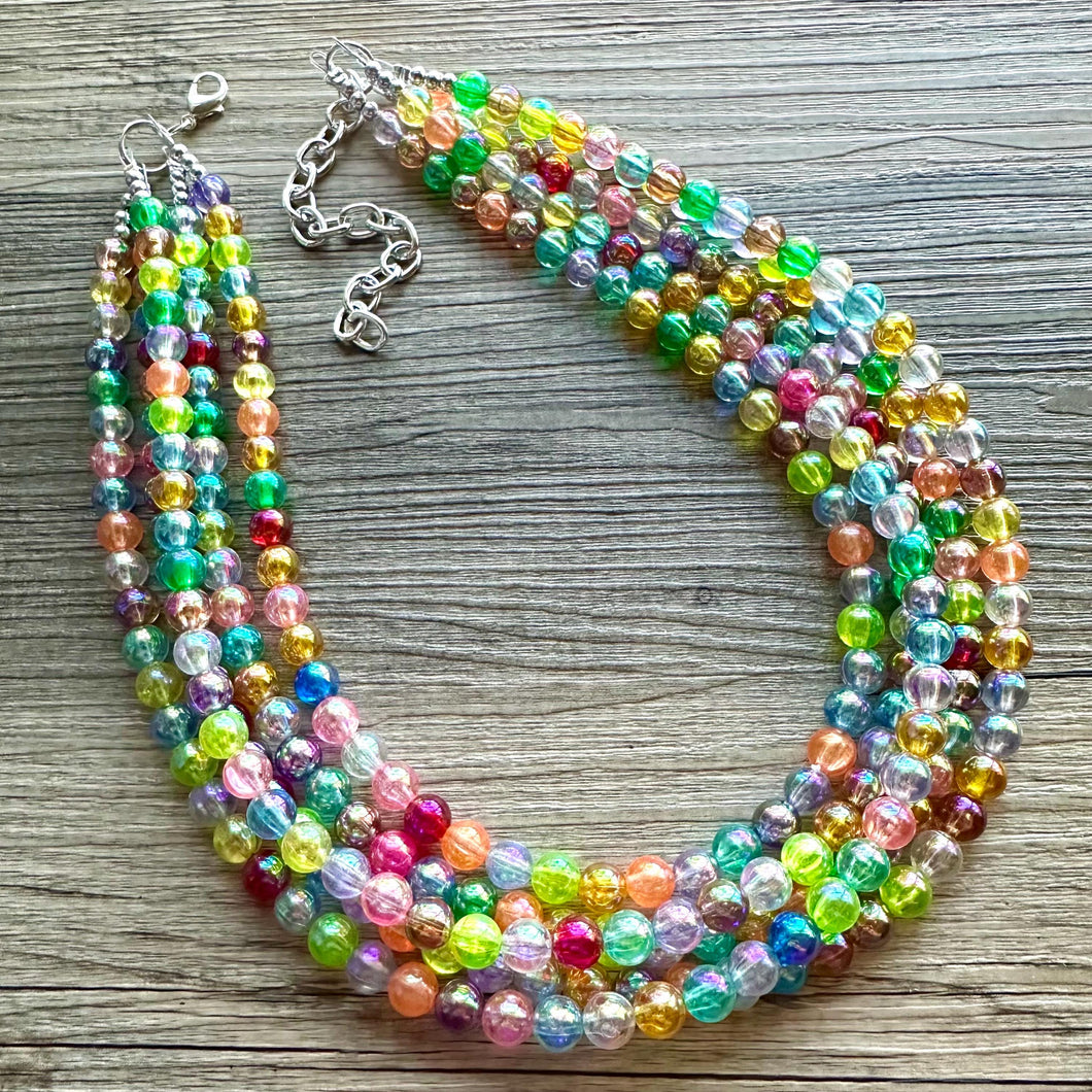 Inside the Bubble Rainbow Necklace, bib statement necklace, beaded geometric shower necklace, 5 strand orange blue green colorful