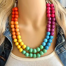 Load image into Gallery viewer, Rainbow Wood Bubble Statement, wooden jewelry, silver chain thick bib chunky necklace, 2 strand red orange yellow green blue purple pink