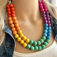 Load image into Gallery viewer, Rainbow Wood Bubble Statement, wooden jewelry, silver chain thick bib chunky necklace, 2 strand red orange yellow green blue purple pink