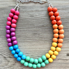 Load image into Gallery viewer, Rainbow Wood Bubble Statement, wooden jewelry, silver chain thick bib chunky necklace, 2 strand red orange yellow green blue purple pink