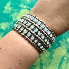 Load image into Gallery viewer, Silver Rhinestone Beaded Statement bracelet, 3 Row stretch bracelet, silver beaded jewelry, Stretchy friendship stacking vintage