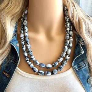 Black & White Swirl Big Bead Necklace, Statement Jewelry, white black silver Chunky bib, bridesmaids necklace, wedding 2 strand bridal