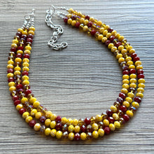 Load image into Gallery viewer, Crisp Harvest Statement Necklace, fall colors Mustard red Necklace, 3 Strand Statement necklace, vintage silver chunky orange maroon glass