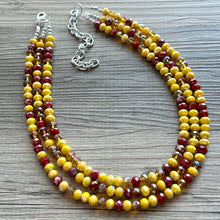 Load image into Gallery viewer, Crisp Harvest Statement Necklace, fall colors Mustard red Necklace, 3 Strand Statement necklace, vintage silver chunky orange maroon glass