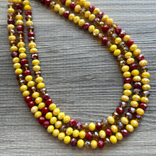 Load image into Gallery viewer, Crisp Harvest Statement Necklace, fall colors Mustard red Necklace, 3 Strand Statement necklace, vintage silver chunky orange maroon glass