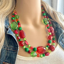 Load image into Gallery viewer, Holiday Party Christmas Necklace, Red Green gold Jewelry, Christmas Jewelry, Winter Beaded Gift Present December secret Santa stocking