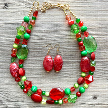 Load image into Gallery viewer, Holiday Party Christmas Necklace, Red Green gold Jewelry, Christmas Jewelry, Winter Beaded Gift Present December secret Santa stocking