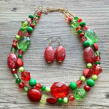 Load image into Gallery viewer, Holiday Party Christmas Necklace, Red Green gold Jewelry, Christmas Jewelry, Winter Beaded Gift Present December secret Santa stocking