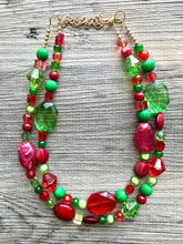 Load image into Gallery viewer, Holiday Party Christmas Necklace, Red Green gold Jewelry, Christmas Jewelry, Winter Beaded Gift Present December secret Santa stocking