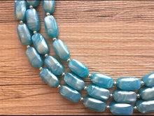 Load image into Gallery viewer, Glacier Blue 3 strand chunky jewelry, beaded blue jewelry, light blue thick necklace, Caribbean aqua necklace, turquoise bib earring set