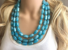 Load image into Gallery viewer, Glacier Blue 3 strand chunky jewelry, beaded blue jewelry, light blue thick necklace, Caribbean aqua necklace, turquoise bib earring set