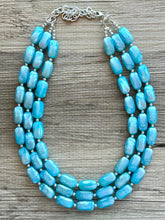 Load image into Gallery viewer, Glacier Blue 3 strand chunky jewelry, beaded blue jewelry, light blue thick necklace, Caribbean aqua necklace, turquoise bib earring set