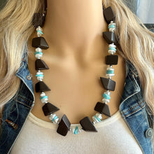 Load image into Gallery viewer, Vintage Wood &amp; Turquoise Beaded long necklace, tan shiny beaded statement necklace, everyday resin layering single strand brown white