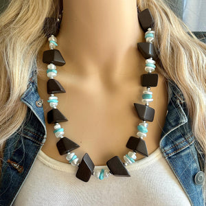 Vintage Wood & Turquoise Beaded long necklace, tan shiny beaded statement necklace, everyday resin layering single strand brown white