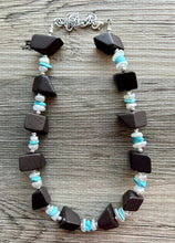 Load image into Gallery viewer, Vintage Wood &amp; Turquoise Beaded long necklace, tan shiny beaded statement necklace, everyday resin layering single strand brown white