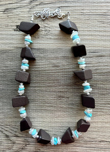 Vintage Wood & Turquoise Beaded long necklace, tan shiny beaded statement necklace, everyday resin layering single strand brown white