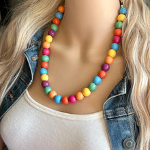 Load image into Gallery viewer, Rainbow Wood Confetti Statement, wooden jewelry, silver chain thick bib chunky necklace, 1 strand red orange yellow green blue purple pink