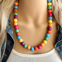 Load image into Gallery viewer, Rainbow Wood Confetti Statement, wooden jewelry, silver chain thick bib chunky necklace, 1 strand red orange yellow green blue purple pink