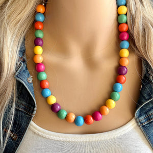 Rainbow Wood Confetti Statement, wooden jewelry, silver chain thick bib chunky necklace, 1 strand red orange yellow green blue purple pink