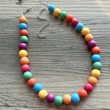 Load image into Gallery viewer, Rainbow Wood Confetti Statement, wooden jewelry, silver chain thick bib chunky necklace, 1 strand red orange yellow green blue purple pink