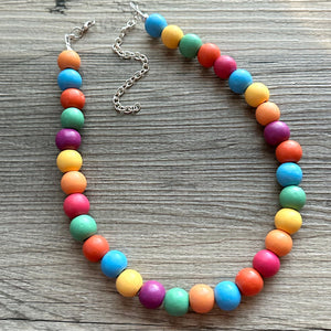 Rainbow Wood Confetti Statement, wooden jewelry, silver chain thick bib chunky necklace, 1 strand red orange yellow green blue purple pink