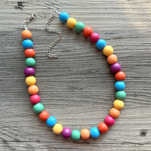 Load image into Gallery viewer, Rainbow Wood Confetti Statement, wooden jewelry, silver chain thick bib chunky necklace, 1 strand red orange yellow green blue purple pink