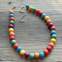 Load image into Gallery viewer, Rainbow Wood Confetti Statement, wooden jewelry, silver chain thick bib chunky necklace, 1 strand red orange yellow green blue purple pink