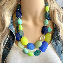 Load image into Gallery viewer, Mountain Spring Necklace, Navy and Lime Green 3 strand Necklace, statement beaded jewelry, green turquoise blue, neutral Oceanside