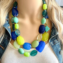 Load image into Gallery viewer, Mountain Spring Necklace, Navy and Lime Green 3 strand Necklace, statement beaded jewelry, green turquoise blue, neutral Oceanside