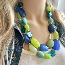 Load image into Gallery viewer, Mountain Spring Necklace, Navy and Lime Green 3 strand Necklace, statement beaded jewelry, green turquoise blue, neutral Oceanside