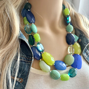 Mountain Spring Necklace, Navy and Lime Green 3 strand Necklace, statement beaded jewelry, green turquoise blue, neutral Oceanside