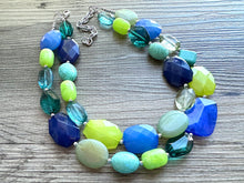 Load image into Gallery viewer, Mountain Spring Necklace, Navy and Lime Green 3 strand Necklace, statement beaded jewelry, green turquoise blue, neutral Oceanside