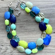 Load image into Gallery viewer, Mountain Spring Necklace, Navy and Lime Green 3 strand Necklace, statement beaded jewelry, green turquoise blue, neutral Oceanside