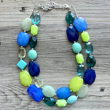 Load image into Gallery viewer, Mountain Spring Necklace, Navy and Lime Green 3 strand Necklace, statement beaded jewelry, green turquoise blue, neutral Oceanside