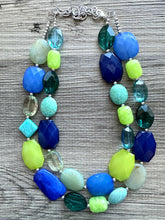 Load image into Gallery viewer, Mountain Spring Necklace, Navy and Lime Green 3 strand Necklace, statement beaded jewelry, green turquoise blue, neutral Oceanside