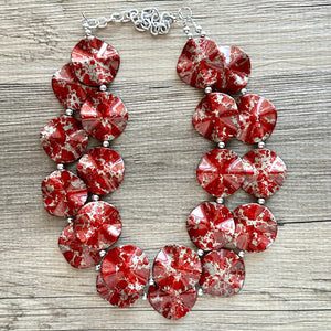 Red Geometric Beaded statement necklace, chunky bead red jewelry, thick necklace jewelry, deep red tomato cherry 2 strand