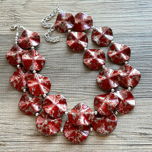 Red Geometric Beaded statement necklace, chunky bead red jewelry, thick necklace jewelry, deep red tomato cherry 2 strand